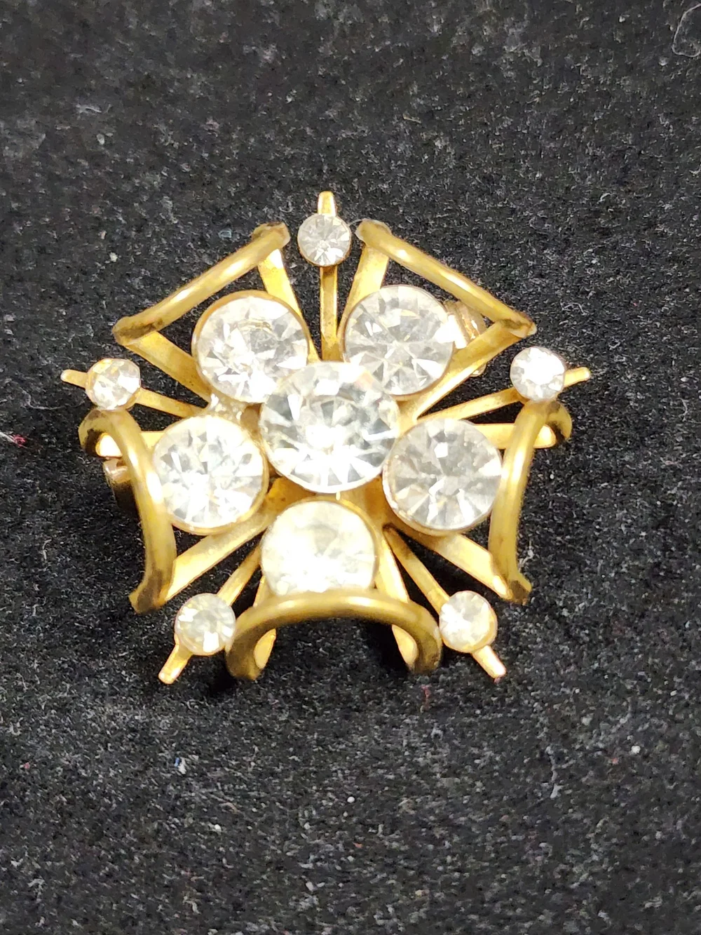 Vintage 60s Rhinestone Filigree Brooch Gold Tone Atomic Starburst Statement Pin